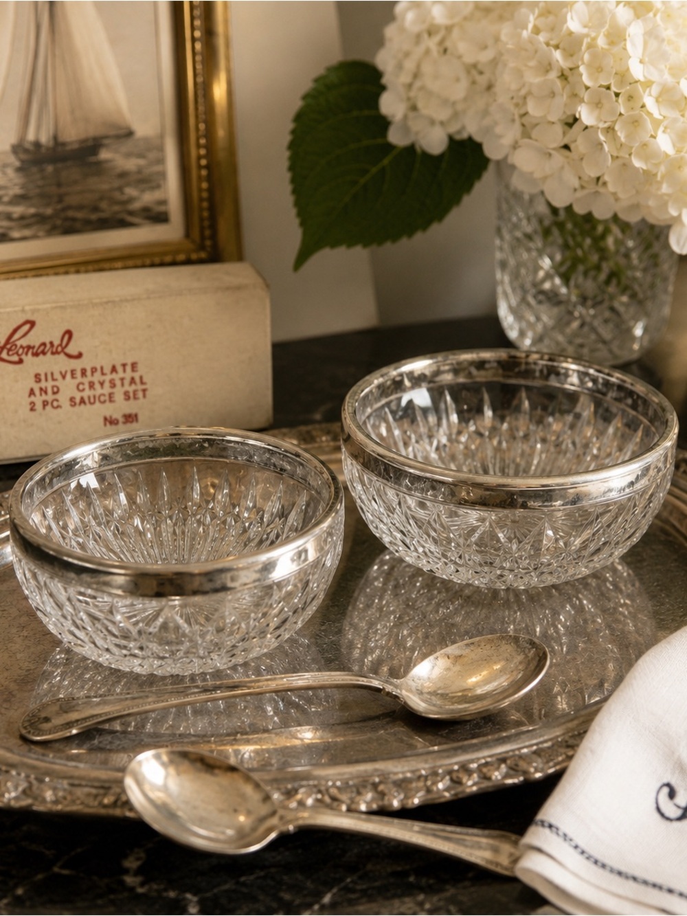 NOS 2 Vintage Leonard Crystal Silverplate Sauce Bowls Spoons Barware | Old Money